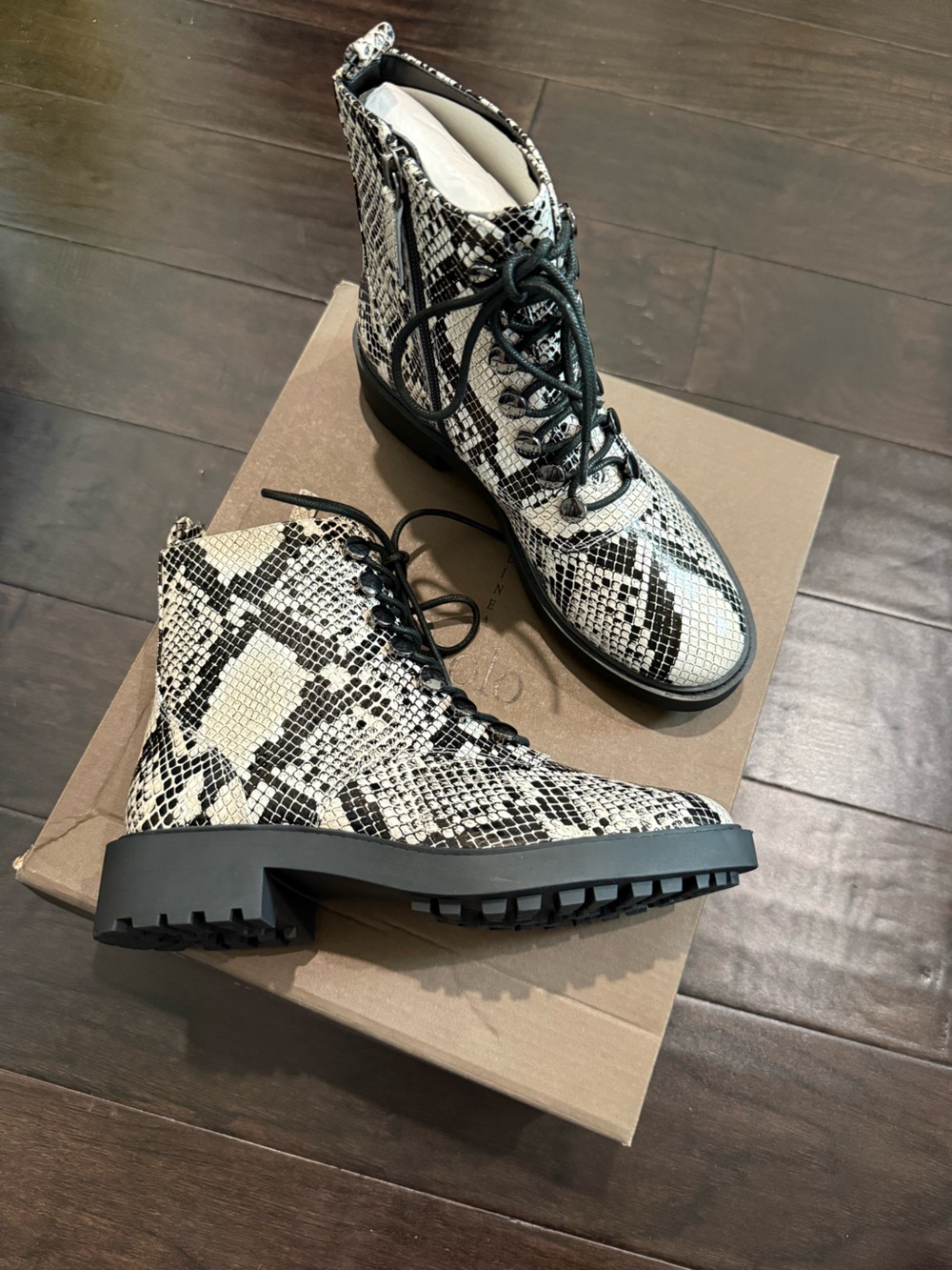Sz 6 Linea Paolo Snake-Print Lace-Up Combat Boots in Black & White